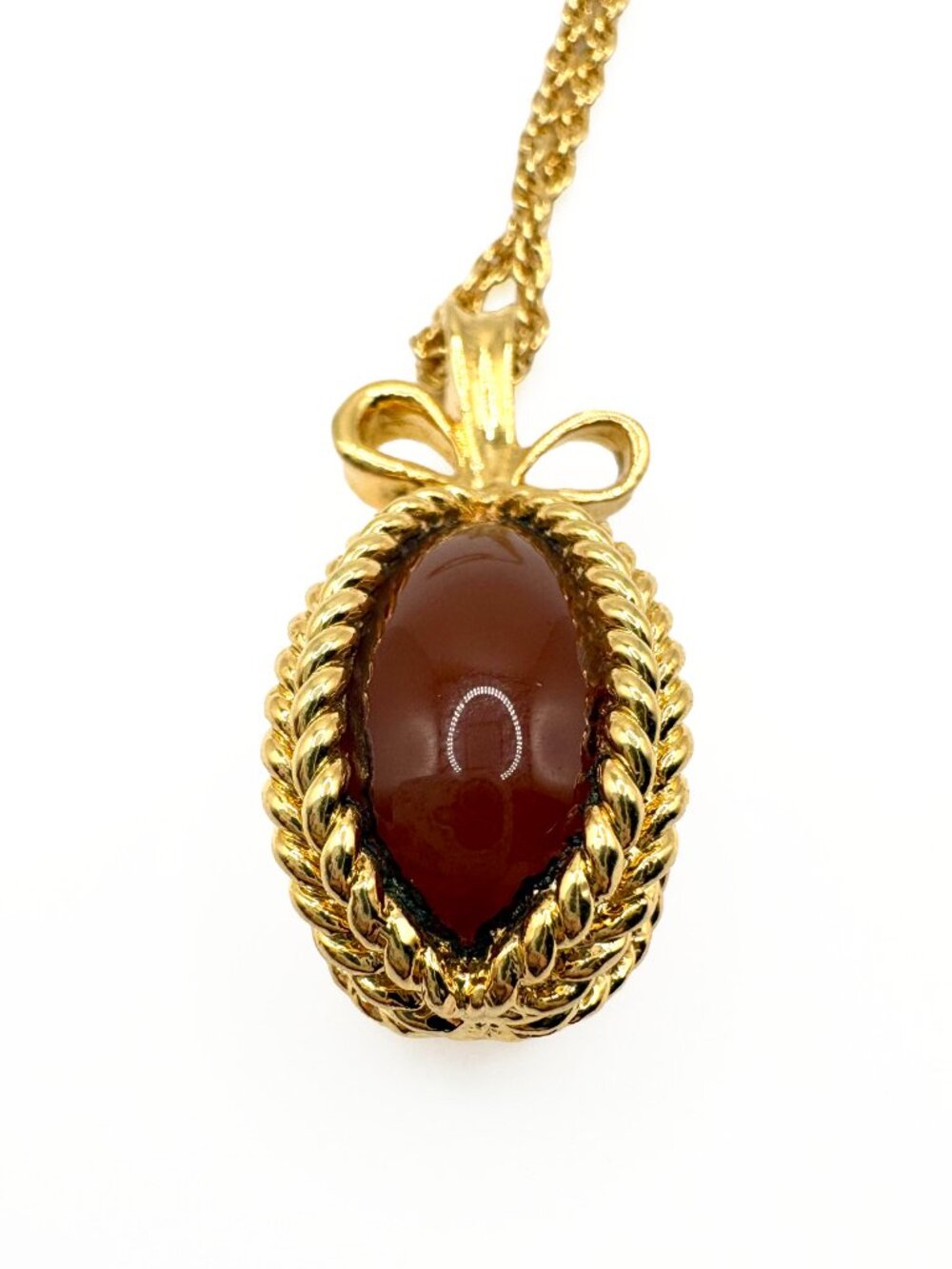 Vintage Joan Rivers Faberge Style Egg Necklace Amber Brown Gold Tone - Picture 7 of 9